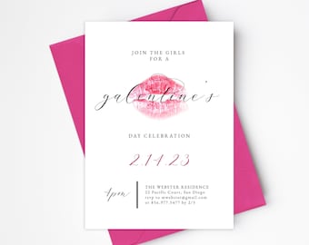 Galentine's Day Party Invitation Template, Ladies Valentines Day Lipstick Kiss Invitation, Valentines Party Invite, Mobile Galentines Evite
