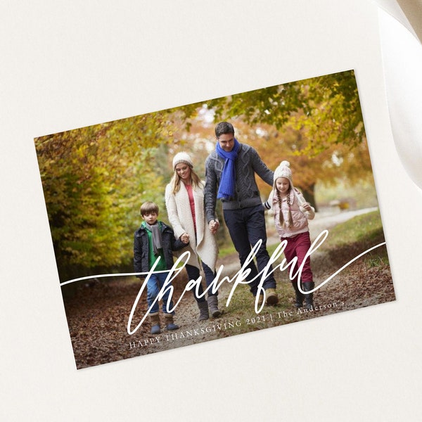 Printable Thanksgiving Card with Photo, Thankful Thanksgiving Holiday Photo Card Template, Thanksgiving Thankful Card, Instant Download