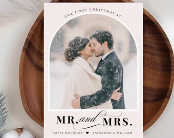 Our First Christmas as Mr and Mrs Card, Newlywed Holiday Photo Card Template, Modern Romantic Christmas Card, Printable Wedding Holiday Card