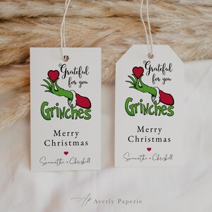 Grateful for You Grinches Christmas Party Welcome Note, Grinch Christmas Seating Card Note, Editable Holiday Place Setting Decor, Templett