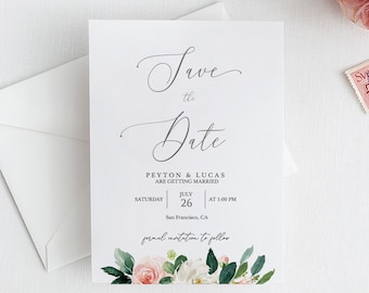 Save The Date Template, Blush Floral Save The Date Card, Greenery Save Our Date, Fully Editable Template, Instant Download, MCD600