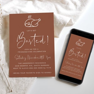 Let&#39;s Get Basted Friendsgiving Invitation Template, Funny Friendsgiving or Thanksgiving Invitation, Thanksgiving Dinner Invite, Editable