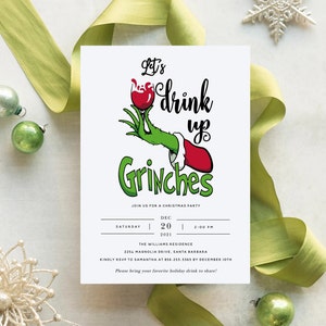 Let's Drink Up Grinches Christmas Party Invitation, Grinch Christmas Invite, Editable Holiday Cocktail Party Invitation, Templett