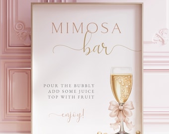 Pearls and Prosecco Bridal Shower Mimosa Sign, Printable Mimosa Bar Sign with Champagne and Pink Bow in 5x7" 8x10", Editable Templett, Aiden