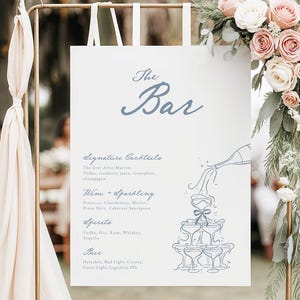 Modèle de plaque de menu manuscrite, carte de boissons de mariage illustrée fantaisiste avec tour à champagne en bleu français, Adelene