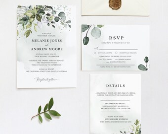 Boho Greenery Wedding Invitation Suite avec des feuilles d'eucalyptus • TÉLÉCHARGEMENT INSTANTANÉ • Modifiable, imprimable Templett #MCD500