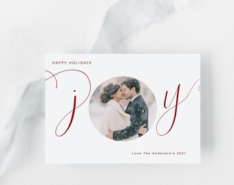 Minimalist Christmas Card Photo Template, Joy Calligraphy Christmas Card, Simple Holiday Photo Card, INSTANT DOWNLOAD, Editable Template