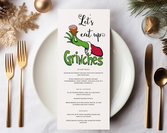 Let's Eat Up Grinches Christmas Menu, Editable Grinch Menu, Printable Christmas Menu, Holiday Dinner Party Menu, Templett