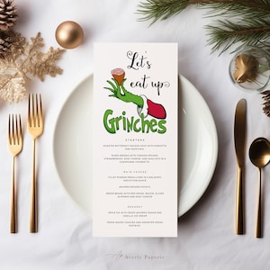 Let's Eat Up Grinches Weihnachtsmenü, bearbeitbares Grinch-Menü, druckbares Weihnachtsmenü, Feiertags-Dinner-Party-Menü, Templett