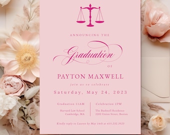 Zaproszenie na imprezę z okazji ukończenia szkoły prawniczej w kolorze różowym, do wydrukowania, ogłoszenie o ukończeniu szkoły prawniczej w kolorze różowym, impreza z okazji ukończenia szkoły prawniczej, Templett