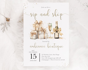 Puede incluir: Una tarjeta de invitación blanca con letras doradas que anuncia un evento "sip and shop" organizado por "ambiance boutique". El evento tendrá lugar el sábado 15 de diciembre de 2:00 PM a 8:00 PM en 22 Holiday Lane, San Diego. Los primeros 100 compradores recibirán un descuento del 40%. La invitación presenta una ilustración de acuarela de champán y cajas de regalo.