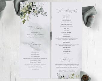 May include: A wedding ceremony program with a watercolor background featuring green leaves and white flowers. The program includes the names of the bride and groom, Melanie and Andrew, the date of the wedding, September 21, 2009, and the location, San Diego, CA. The program also includes a list of the wedding party members and a thank you message from the bride and groom.