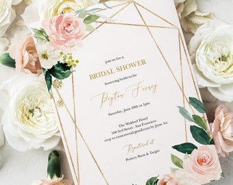 Blush and Gold Geometric Invitation, Bridal Shower Invitation Template, Instant Download, Floral Wedding Printable, Editable Template MCD600