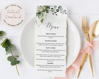 Greenery Wedding Menu Template With Eucalyptus Leaves • INSTANT DOWNLOAD • Printable Wedding, Editable Templett #MCD500