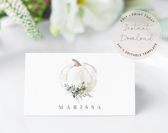 Plantilla de tarjeta de lugar de calabaza, tarjeta de lugar de boda de otoño con calabaza floral azul polvoriento, descarga instantánea, plantilla #MCD1128