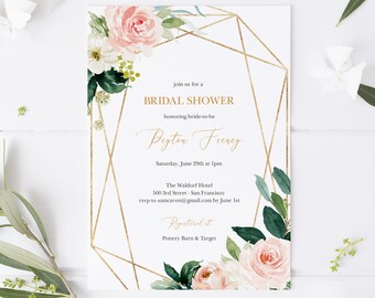 May include: A gold geometric frame with watercolor floral accents surrounds a bridal shower invitation for Peyton Feeney. The invitation includes the date, time, location, and RSVP information. The text "Registered it Pottery Barn & Target" is also included.
