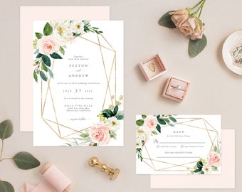 Bohemian Wedding Invitation Template, Blush Floral & Greenery Wedding Invitation Download Faux Gold Invite and RSVP, DIY Template #mcd600