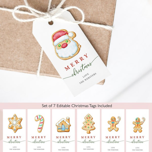 Gingerbread Cookie Christmas Gift Tags, Santa Holiday Gift Tags Printable Set of 7 • INSTANT DOWNLOAD • Editable Template #MCD1225