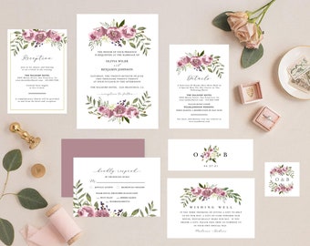 May include: A set of wedding invitation cards with floral designs. The cards are in shades of pink, green, and white. The text on the cards includes the names Olivia Wilde and Benjamin Johnson, the date of the wedding, and the location of the reception. The cards also include a wishing well card with a floral design and the text "Wishing Well".