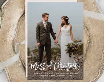 Just Married Christmas Card, Married Christmas Card Photo Template, Newlywed Holiday Photo Card, INSTANT DOWNLOAD, Editable Template #MCD251