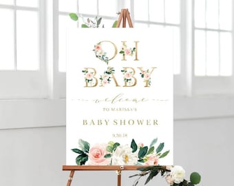 Welcome Sign Template, Baby Shower, INSTANT DOWNLOAD, Editable Template, Boho Floral Greenery, Printable Oh Baby Sign, MCD600