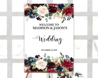 Burgundy Navy Floral Wedding Welcome Sign Template (Digital Download)