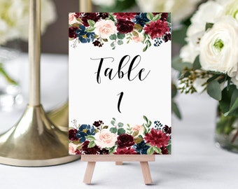 Wedding Table Number Template, Printable Wedding Table Numbers, Editable Template, Burgundy and Navy Wedding Printable, Templett