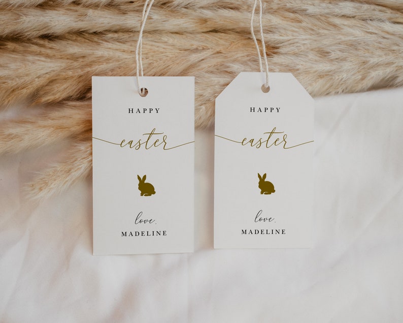 Simple Easter Tag, Editable Easter Tag with Gold Easter Bunny, Elegant Easter Tag, Easter Tag for Kids, Templett Bild 2