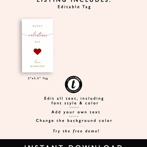 Printable Valentine's Day Gift Tag, Modern Valentines Day Tag Calligraphy, Personalized Favor Tag, Editable Valentine Gift Tag Template image 3