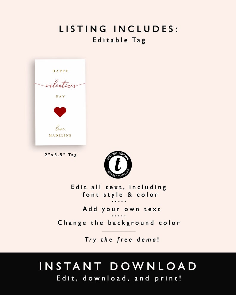 Printable Valentine's Day Gift Tag, Modern Valentines Day Tag Calligraphy, Personalized Favor Tag, Editable Valentine Gift Tag Template image 3