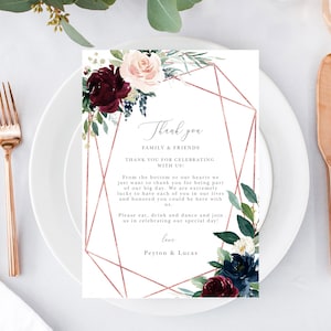 Wedding Thank You Letter Template, Rose Gold, Navy Wedding Reception Thank You Note, Printable In Lieu of Favor Card, #601