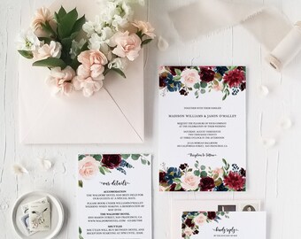 Burgundy Floral Wedding Invitation Set, Editable Printable (Instant Download)