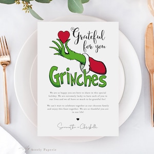 Grateful for You Grinches Christmas Party Welcome Note, Grinch Christmas Seating Card Note, Editable Holiday Place Setting Decor, Templett