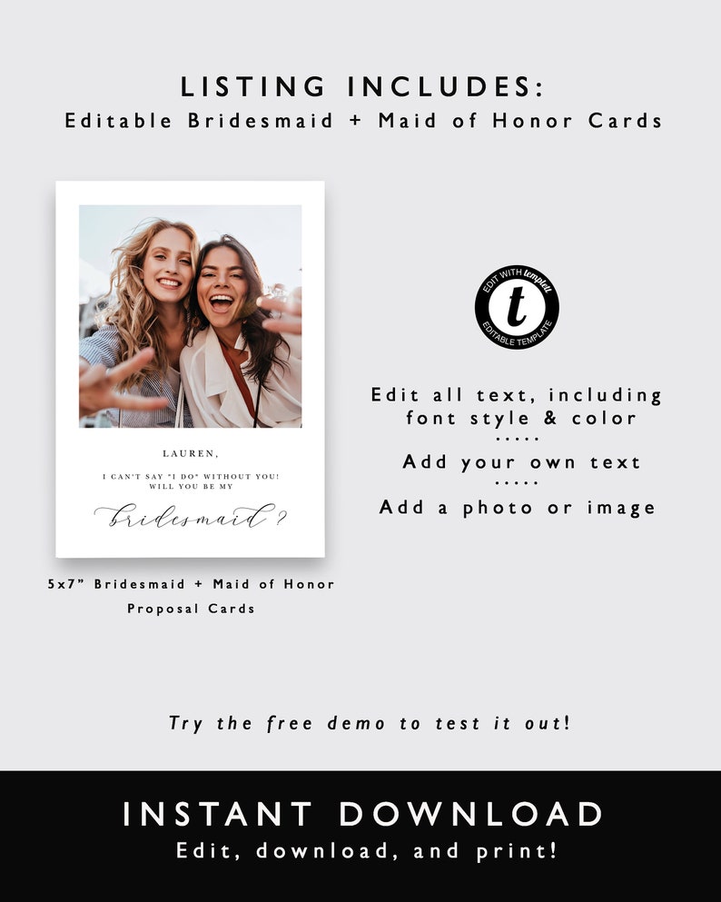Modern Maid Of Honor Proposal Card Printable Will You Be My Bridesmaid Photo Card Bridesmaid Proposal Card Template with Photo