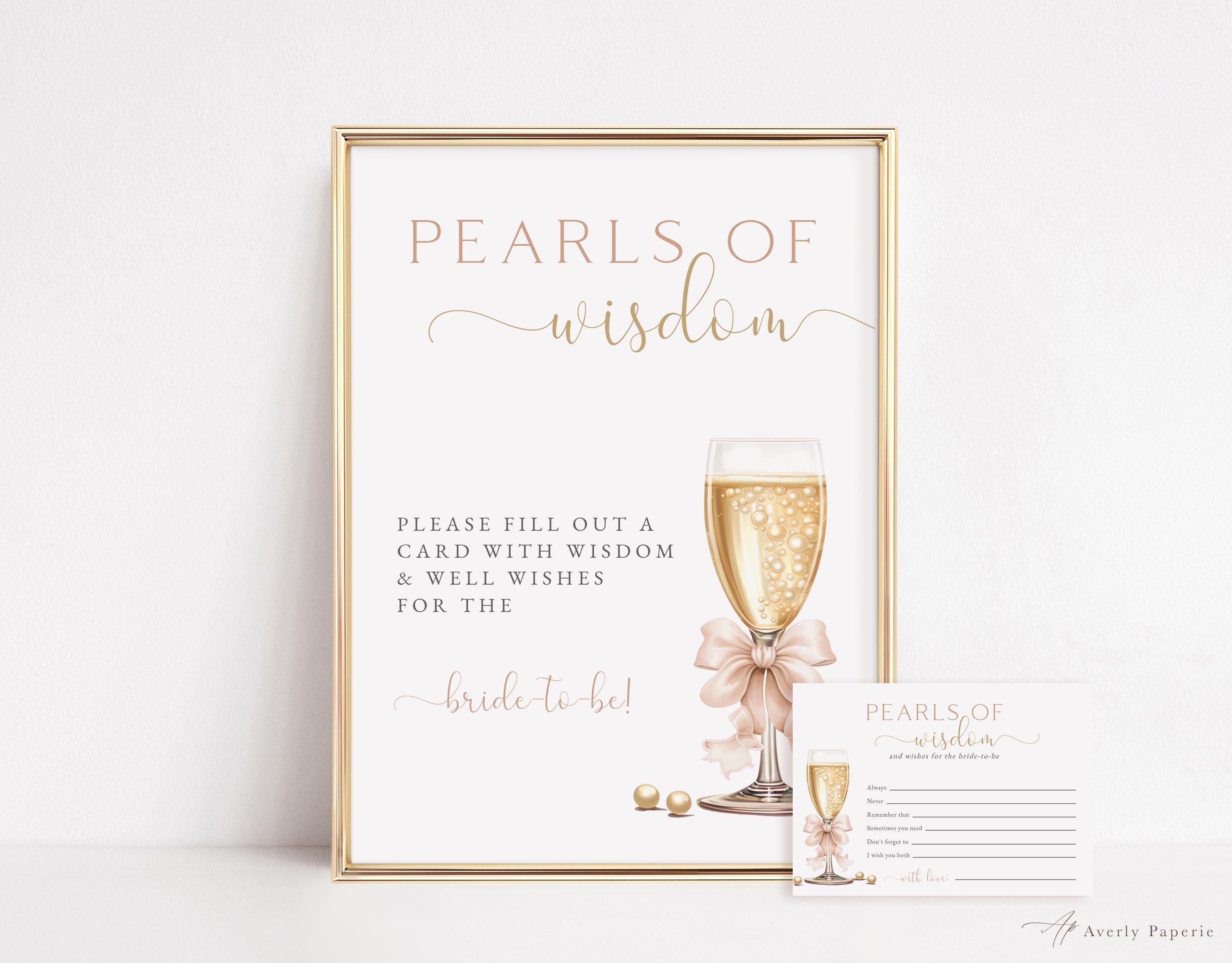 Pearls and Prosecco Bridal Shower Sign, Pearls of Wisdom Sign and Matching Card w/ elegant Champagne Glass Pearls, Editable Template, Aiden