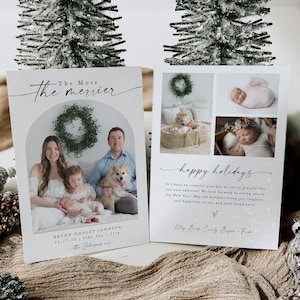 New Baby Christmas Card Announcement, The More the Merrier Newborn Photo Christmas Card with Arch, Just Born Christmas Card With Photos