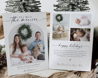 New Baby Christmas Card Announcement, The More the Merrier Newborn Photo Christmas Card with Arch, Just Born Christmas Card With Photos