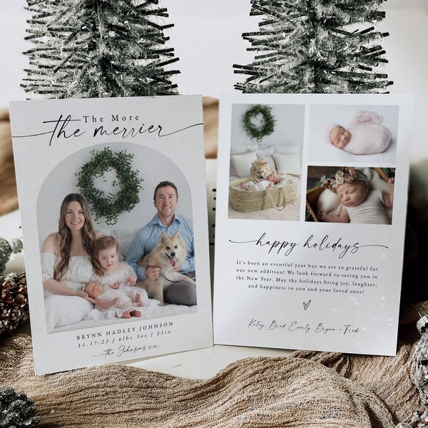 New Baby Christmas Card Announcement, The More the Merrier Newborn Photo Christmas Card with Arch, Just Born Christmas Card With Photos