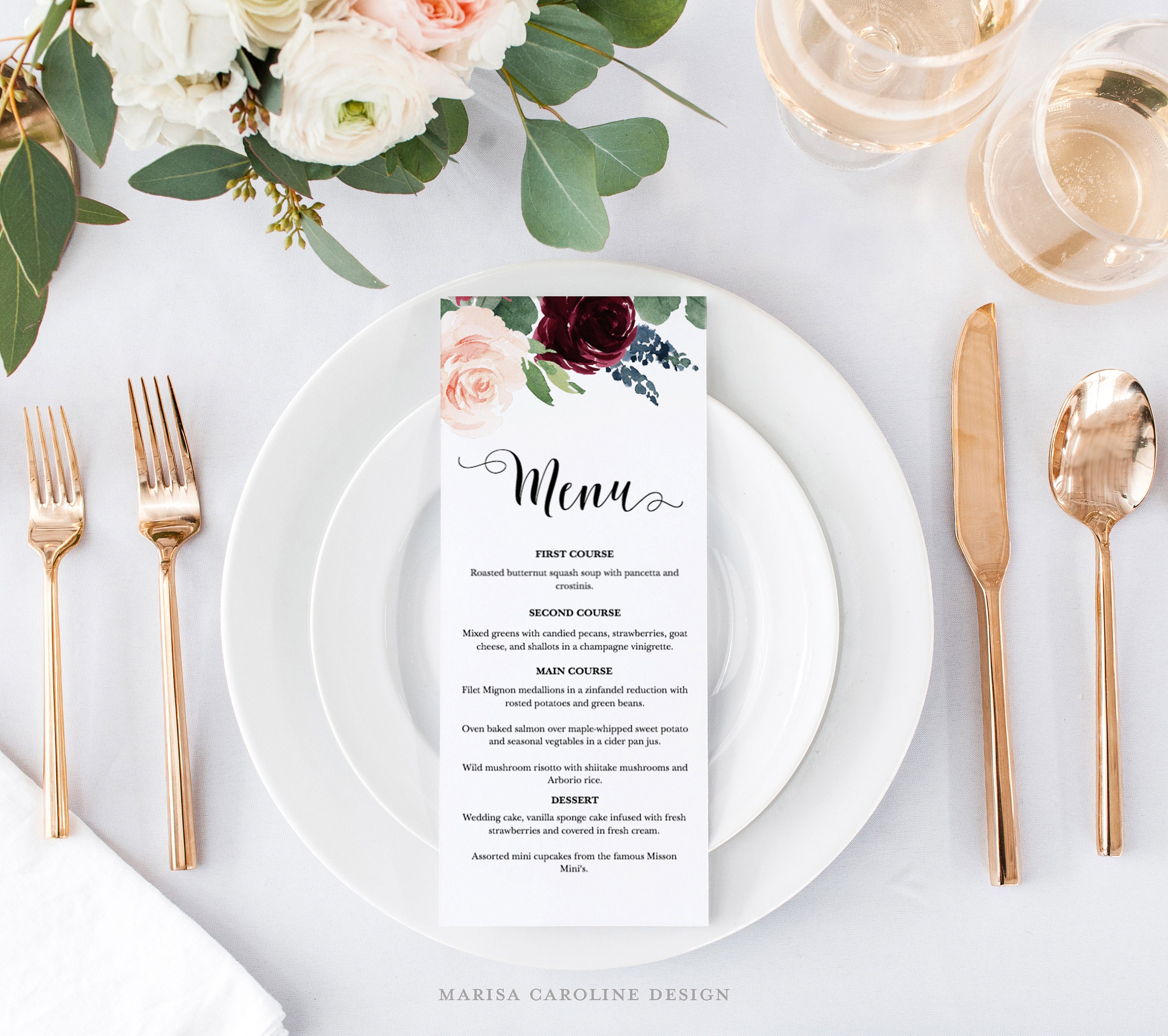 Wedding Menu Template Floral Menu Printable With Navy and | Etsy