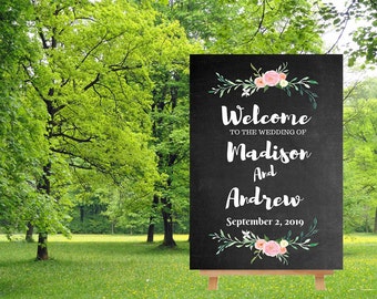 Willkommen zu unserer Hochzeit Zeichen Tafel floral anpassbare Plakat Größe-erröten rosa Blumen-Hochzeit Zeichen-Poster Größe Printable-MCD105