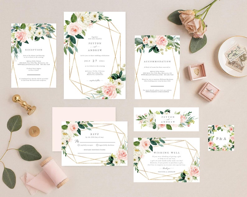 Geometric Wedding Invitation Template, Boho Wedding Invite Template, Wedding Invitation Template Download Faux Gold Invite Suite Kit, mcd600 image 1