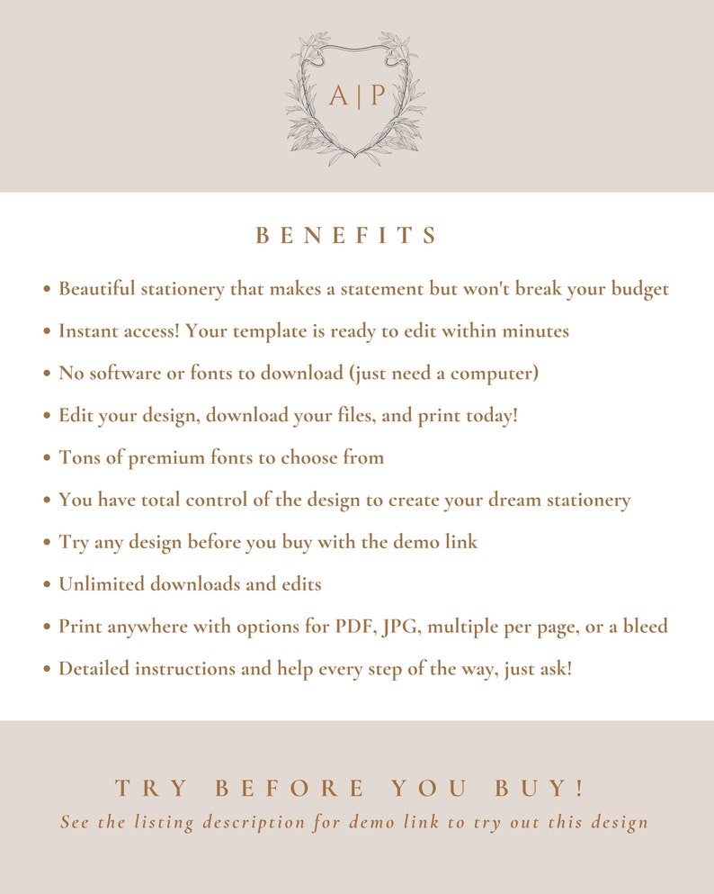 May include: A list of benefits for purchasing a digital stationery template. The benefits include instant access, unlimited downloads, and the ability to edit the template with a computer. The text also includes the phrase "Try before you buy!" and encourages the user to see the listing description for a demo link.