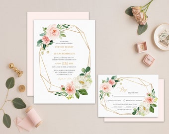 Wedding Invitation Template, Gold And Blush Wedding Invitation Printable, Instant Download, Gold Geometric Wedding Invitation and RSVP