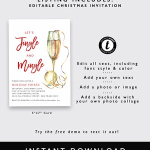 K&ouml;nnte beinhalten: Editierbare Weihnachts-Einladungsvorlage mit einer Aquarell-Illustration einer Champagnerfl&ouml;te und einem goldenen Band. Der Text lautet "Let's Jingle and Mingle" und enth&auml;lt Details f&uuml;r eine Weihnachtsfeier. Die Vorlage ist 12,7x17,8 cm gro&szlig;.