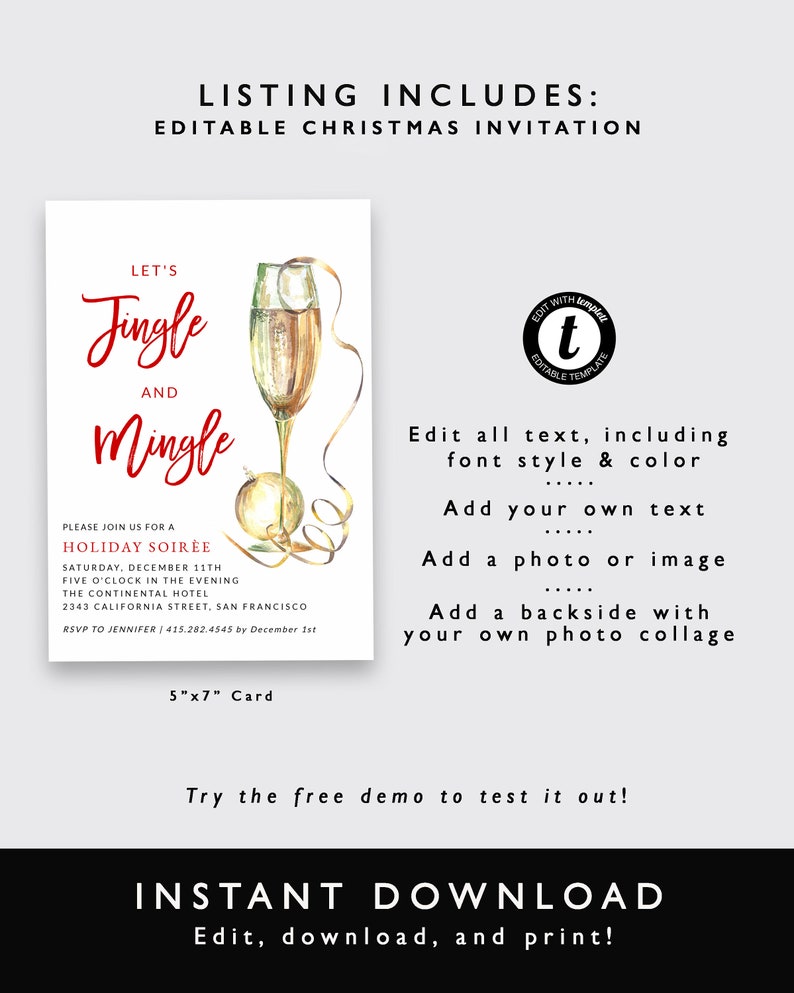 K&ouml;nnte beinhalten: Editierbare Weihnachts-Einladungsvorlage mit einer Aquarell-Illustration einer Champagnerfl&ouml;te und einem goldenen Band. Der Text lautet "Let's Jingle and Mingle" und enth&auml;lt Details f&uuml;r eine Weihnachtsfeier. Die Vorlage ist 12,7x17,8 cm gro&szlig;.
