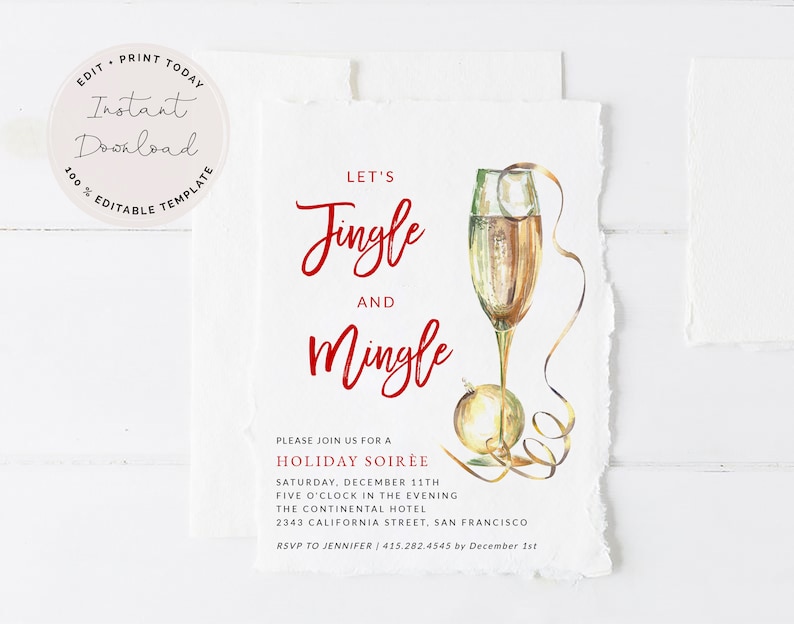 K&ouml;nnte beinhalten: Eine rot-wei&szlig;e Weihnachtsfeier-Einladung mit einer Aquarell-Illustration einer Champagnerfl&ouml;te und einem goldenen Ornament. Der Text lautet "Let's Jingle and Mingle" und enth&auml;lt Details f&uuml;r eine Weihnachtsfeier am 11. Dezember.