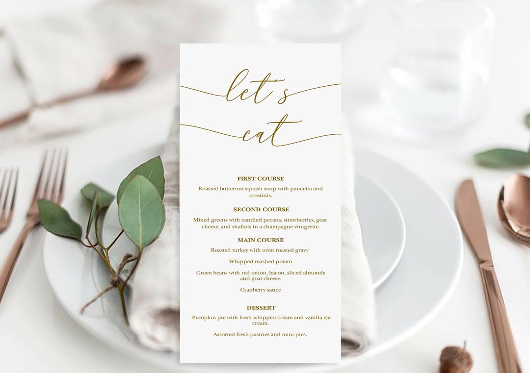 Friendsgiving Menu Template, Let's Eat Modern Thanksgiving Menu Gold Friendsgiving Menu Template, Let's Eat Modern Thanksgiving Menu Gold