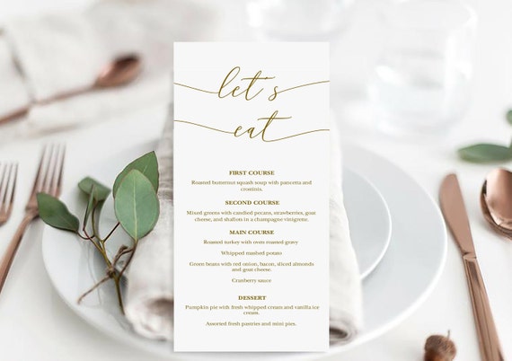 Friendsgiving Menu Template, Let's Eat Modern Thanksgiving Menu Gold, 100% Editable, Instant Download, #MCD1126