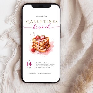 May include: A digital invitation for a Galentines brunch on February 14th at 10 AM. The invitation features a watercolor illustration of a stack of heart-shaped waffles with strawberries and pink icing. The text reads "Please join us for a Galentines brunch" and includes the date, time, location, and RSVP information.