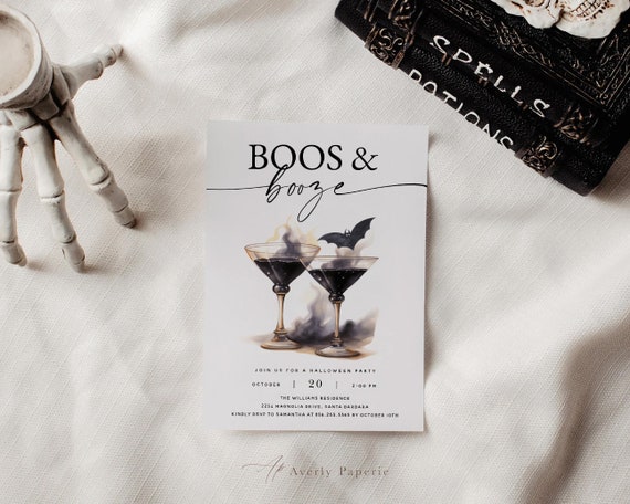 Boos and Booze Halloween Invitation, Editable Halloween Cocktail Party with Halloween Martini and Bat, Funny Halloween Invite, Templett